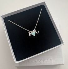 Load image into Gallery viewer, bespoke personalised necklace made of two initials and a blue heart breastmilk charm on sterling silver chain
