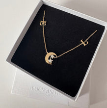Load image into Gallery viewer, custom made 9ct gold necklace with two initials E and L, Moon in the middle with two breastmilk stars