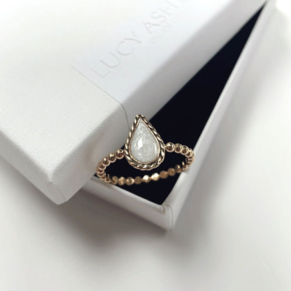 gold beaded rope edge teardrop bespoke cremation ashes ring by Lucy Ashton  jewellery