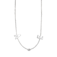 Load image into Gallery viewer, A silver chain necklace featuring the letters A and E spaced apart on the chain, with a small polished silver bead hanging in the center.