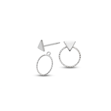 Load image into Gallery viewer, A pair of silver geometric stud earrings on a clean white background. One earring features a textured oval drop with a triangular stud, and the other shows the reverse side with the triangular stud and post.