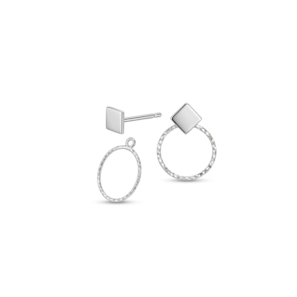 A pair of silver stud earrings on a plain white background. One earring is shown front-facing with a flat square disc and a textured circular drop, while the other is shown from the side/back with a post and flat square disc.