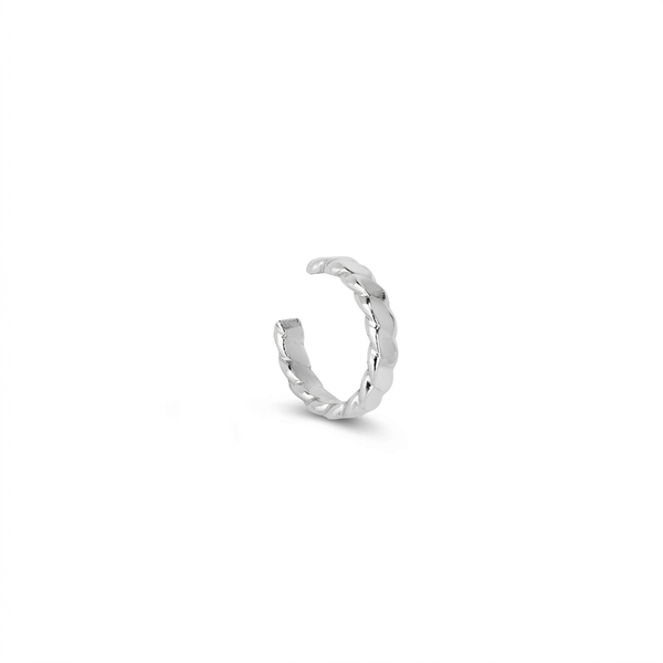 sterling silver flat rope ear cuff on a white background