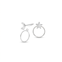 Load image into Gallery viewer, A pair of silver celestial stud earrings on a plain white background, featuring one earring with a textured oval ring and a small hanging loop, and the other with a polished crescent moon and post.
