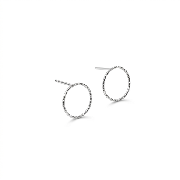 A pair of silver-toned open hoop earrings with a textured, twisted outer edge, shown on a clean white background.