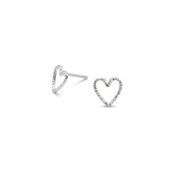 open heart textured sterling silver stud earrings on a white background