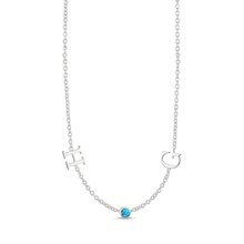 Load image into Gallery viewer, A delicate silver necklace featuring a small oval blue gemstone at the center of a V-shaped chain, with an openwork letter H on one side and a letter C on the other, shown on a plain white background.
