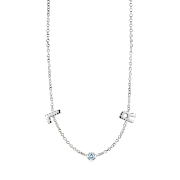 A delicate silver chain necklace featuring three charms: a stylized letter 'H' on the left, a stylized letter 'R' on the right, and a small round light blue gemstone in the center, shown against a plain white background.