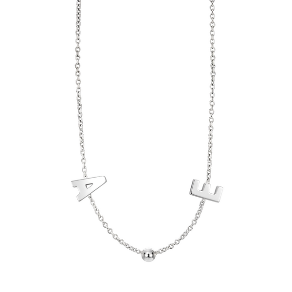 A silver chain necklace featuring the  letters A and E spaced apart on the chain, with a small polished silver bead hanging in the center.