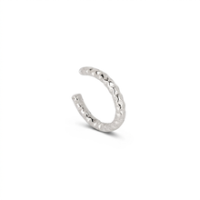 Load image into Gallery viewer, A silver textured open-ended ear cuff with a hammered finish, displayed on a clean white background.
