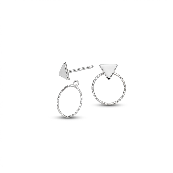 A pair of silver geometric stud earrings on a clean white background. One earring features a textured oval drop with a triangular stud, and the other shows the reverse side with the triangular stud and post.