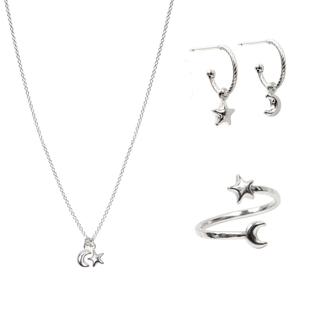 Moon and Star Necklace, Ring and Earring Gift Set - Lucy Ashton Jewellery