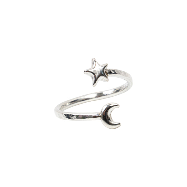 Moon and Star Adjustable Ring Sterling Silver - Lucy Ashton Jewellery
